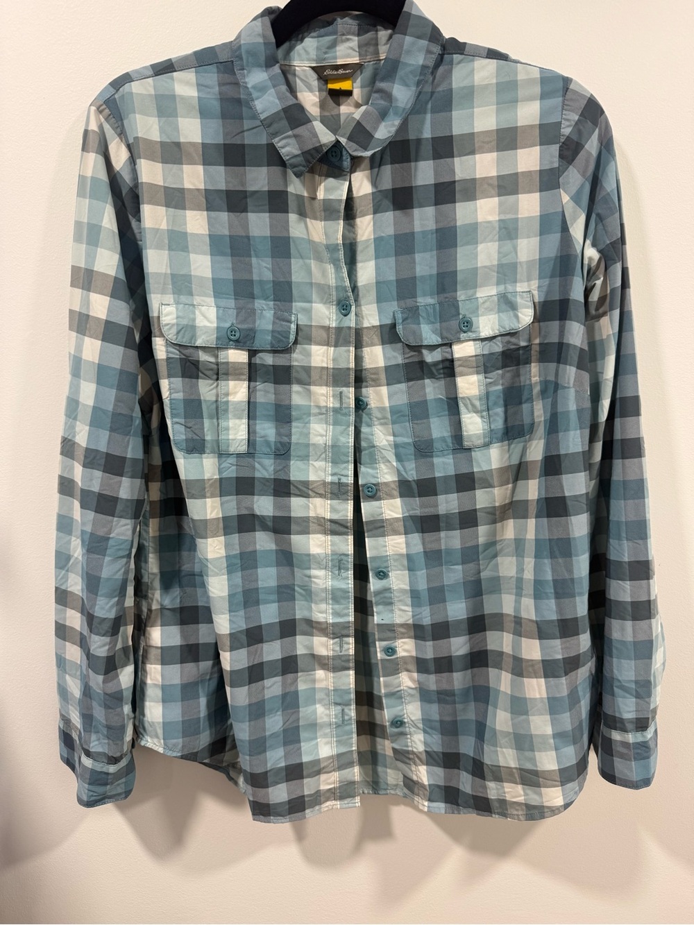 Eddie Bauer Nylon Light Blue & White Plaid Button-Down Shirt